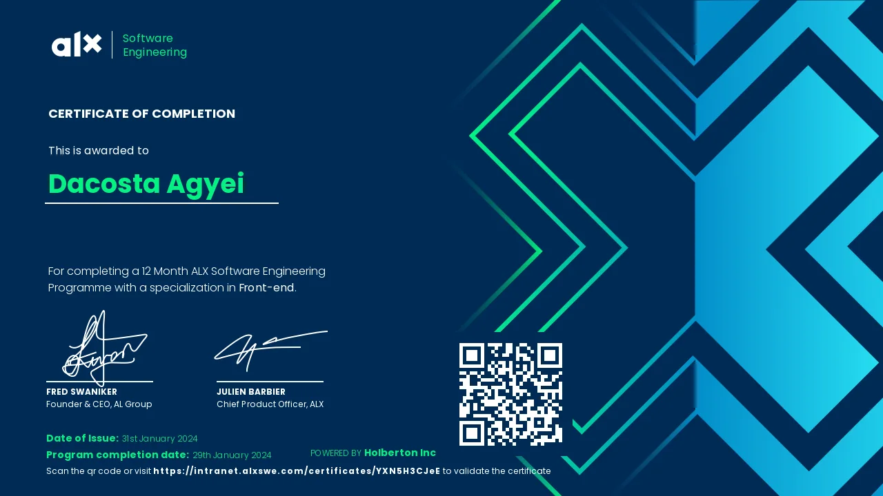Preview of Dacosta Agyei's Front-End Specialization credential.