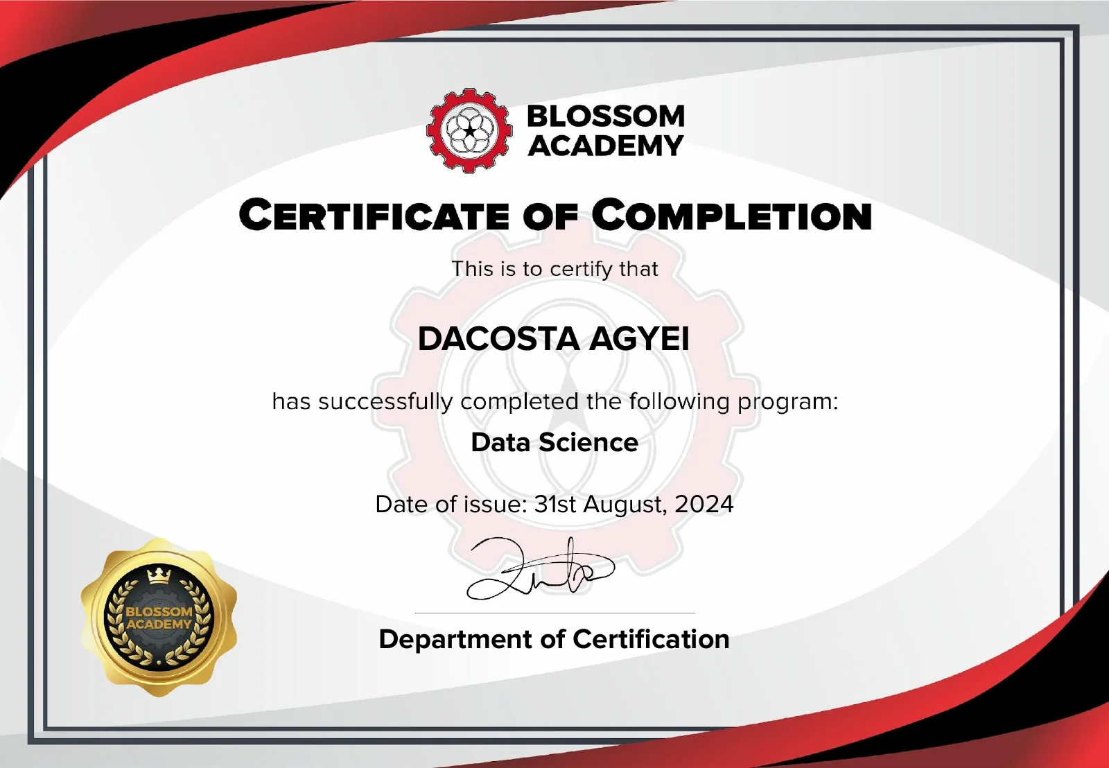 Preview of Dacosta Agyei's Data Science Certificate credential.