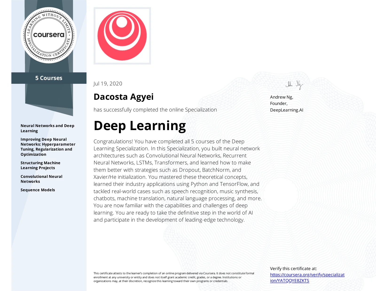 Preview of Dacosta Agyei's Deep Learning Specialization credential.