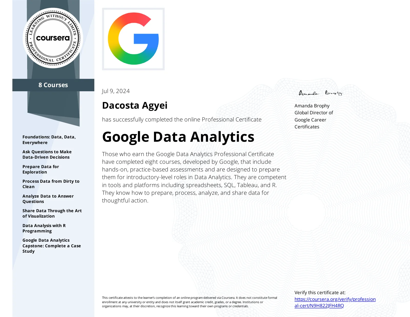 Preview of Dacosta Agyei's Google Data Analytics Professional Certificate credential.