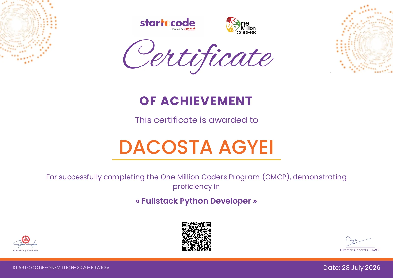 Preview of Dacosta Agyei's Fullstack Python Developer credential.